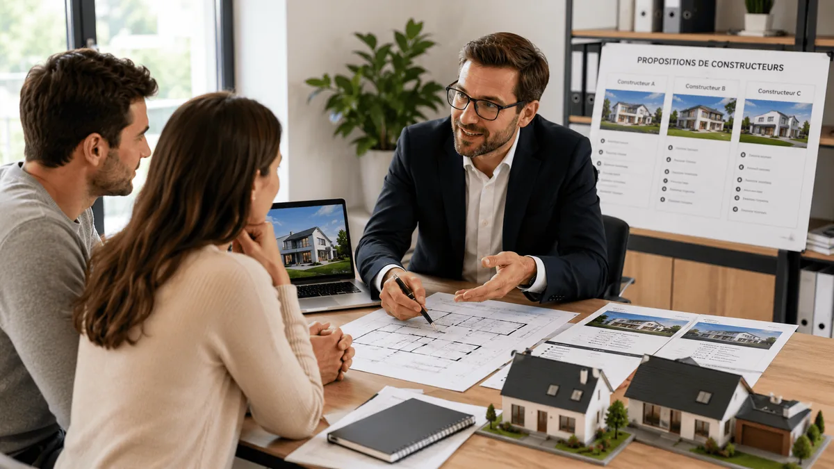 Courtier en construction présentant des propositions de constructeurs à un couple de futurs propriétaires