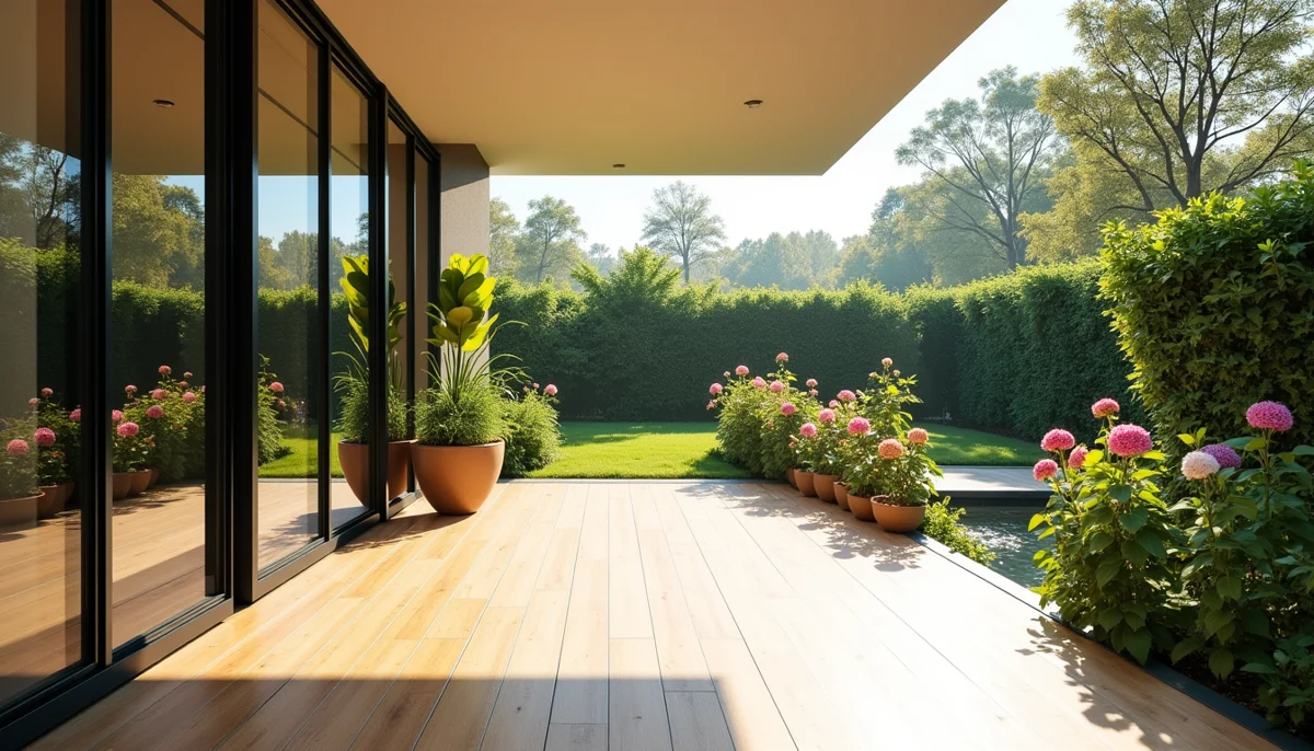 Baies vitrées et terrasse lumineuse ouvertes sur un jardin arboré